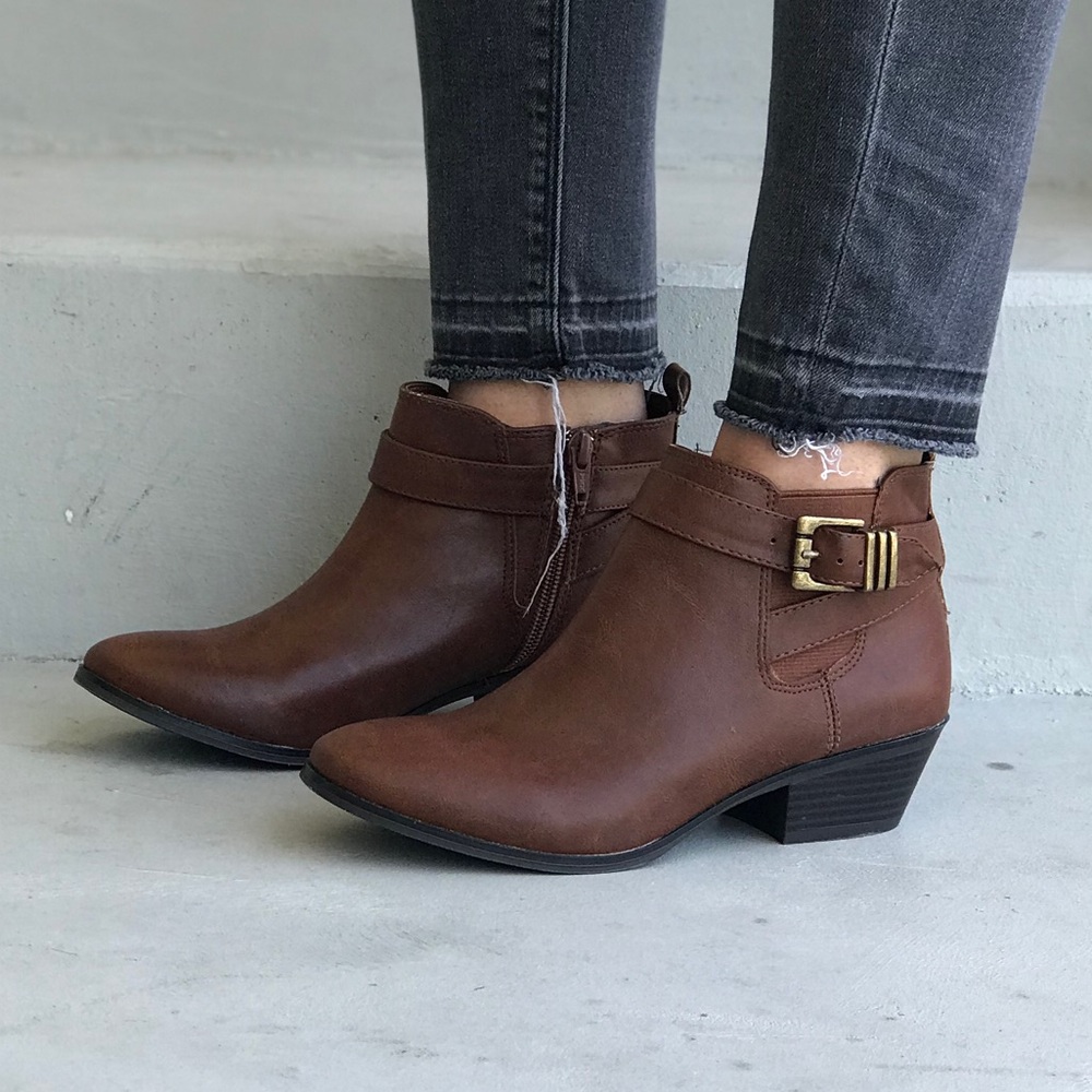 Texas Cognac Distressed Buckle Ankle Bootie